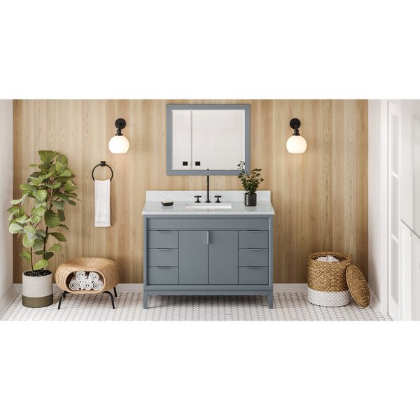 Jeffrey Alexander 48In. Blue Steel Theodora Vanity, White Carrara Marble Vanity Top, Undermount Rectangle Bowl VKITTHE48BSWCR